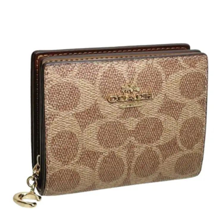 COACH Snap 11 Wallet for Women – Gold Logo Snap Closure, Coated Canvas, Tan