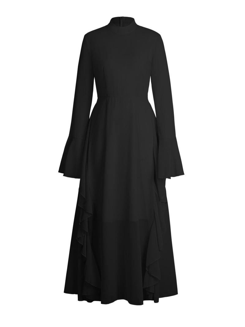 Solid-Color Flare-Sleeve Long Dress with Waist-Cinching Effect, Plain Pattern Slim-Fitting Holiday Dress for Women, Perfect for Spring and Fall