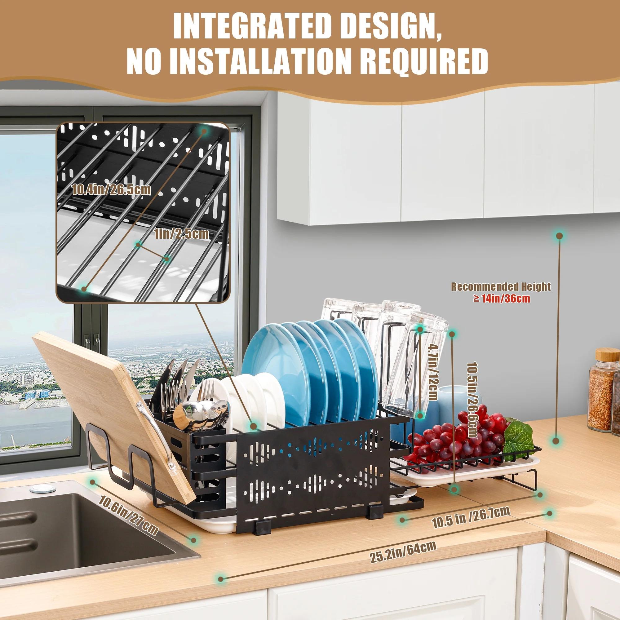SICANDAENHK Tired of wet, messy dishes taking over your counter?This compact 2-tier extendable dish rack is the perfect solution!With a built-in drying tray, separate utensil and cup holders, high-quality stainless steel material, easy drainage
