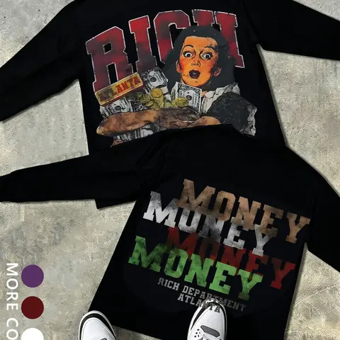 Unisex Style Vintage Richmoney Graphic Print, Casual Fitted Long Top, Perfect Gift Choice, Fall & Winter Fashion, Graphic Vintage Tees