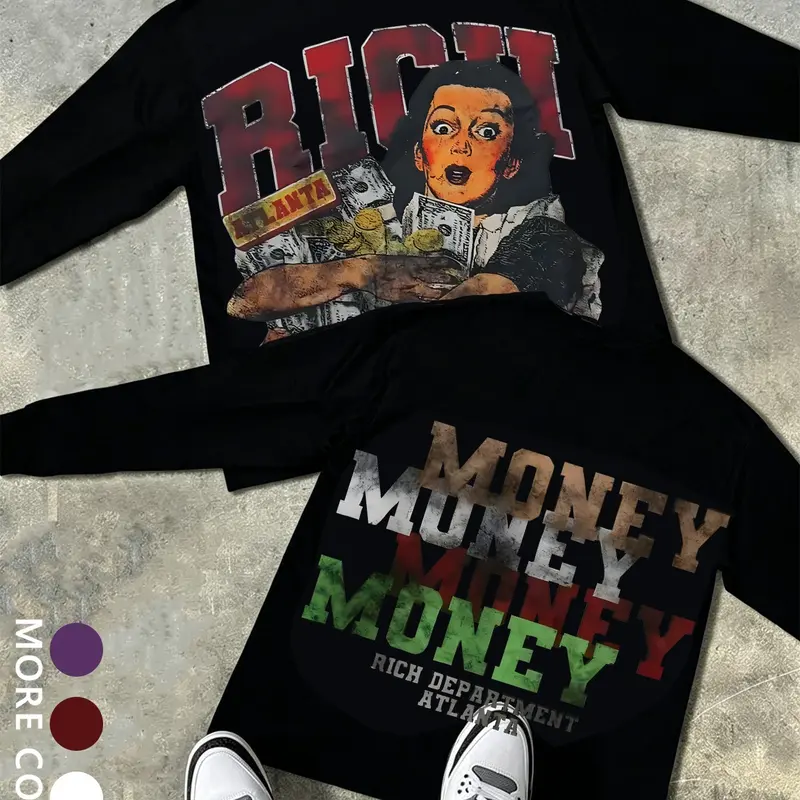 Unisex Style Vintage Richmoney Graphic Print, Casual Fitted Long Top, Perfect Gift Choice, Fall & Winter Fashion, Graphic Vintage Tees