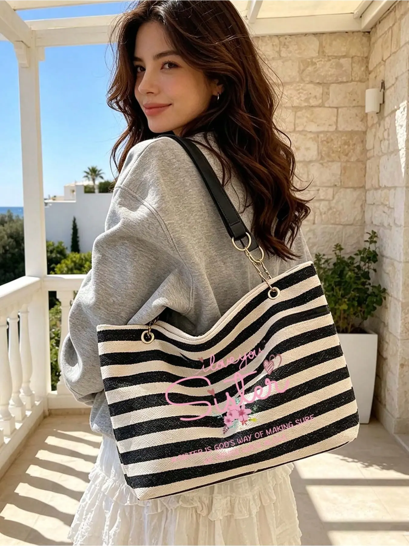 Black White Striped Tote Bag Set with "I Love You Sister" Letter Print, Large Shoulder Bag with Adjustable Chain Strap, Matching Cosmetic Bag & Mini Coin Purse, Reusable Beach Shopping Bag, Unique Birthday Vacation Anniversary Gift for Sisters