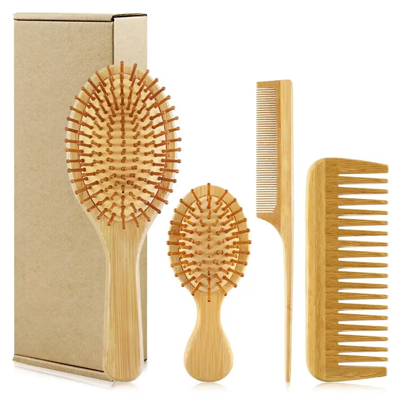 4 Pack Eco Bamboo Hair Styling Comb Set, Massage Air Cushion Bamboo Paddle Brushes, Wide Tooth & Rat Tail Comb For Detangling, Practical Hair Care Gift For Women Girls, Birthday Holiday Present