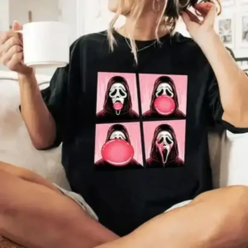 [100% Cotton] Ghostface Bubble Pink Gum Halloween Shirt, Scream Movie Halloween Shirt Top Womenswear Country Concert Outfits Vintage Graphic Tees Ghostface Summerween Comfort Shirt Halloween  Crewnecks Top Black Casual  Golf Gift T-Shirt For Men And Women