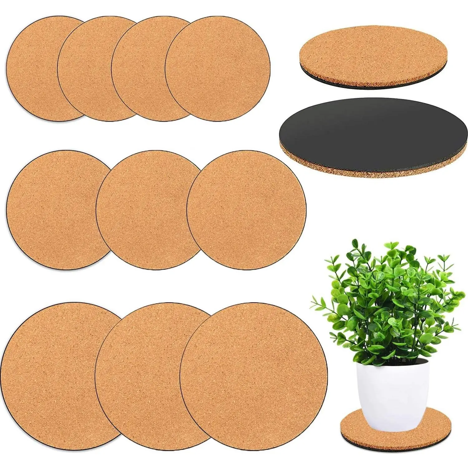 10 Pieces 3 Sizes Cork Plant Coasters, 4/6/8 Inch Cork Plant Mats, Cork Coaster for Planters, Plant Coasters for House Plants Indoors (Nude & Black)