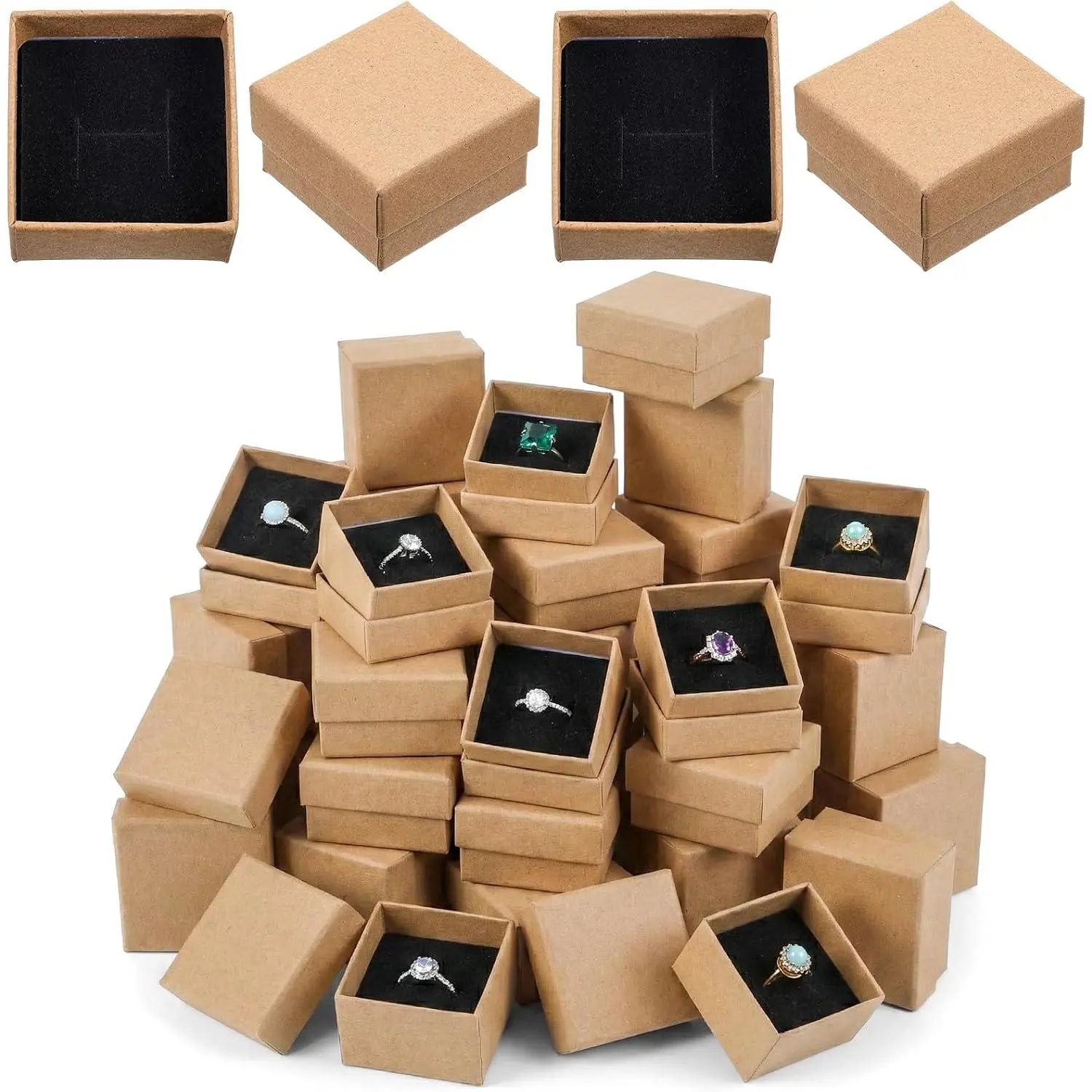 48 Pack Small  Ring  Boxes, 2x2x1.2 Inch Brown Krafts Paper Ring Boxes with  Insert, Bulk Square Cardboard Earring Packing Box for Weddings Rings, Necklaces, Business Retail