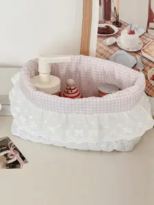 Pink plaid lace ruffle quilted storage basket, bow storage box, multifunctional countertop storage cabinet, suitable for bathroom vanity, bedroom vanity, cosmetics and small sundries