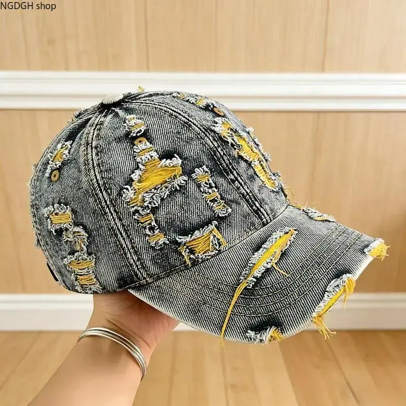 Distressed Grey Denim Baseball Cap with Holes and Yellow Threads, Vintage Ripped Hat, Adjustable Retro Streetwear Dad Hat, Grunge Style Headwear for Men and Women, Perfect for Daily Wear, Sports & Casual Outfits.