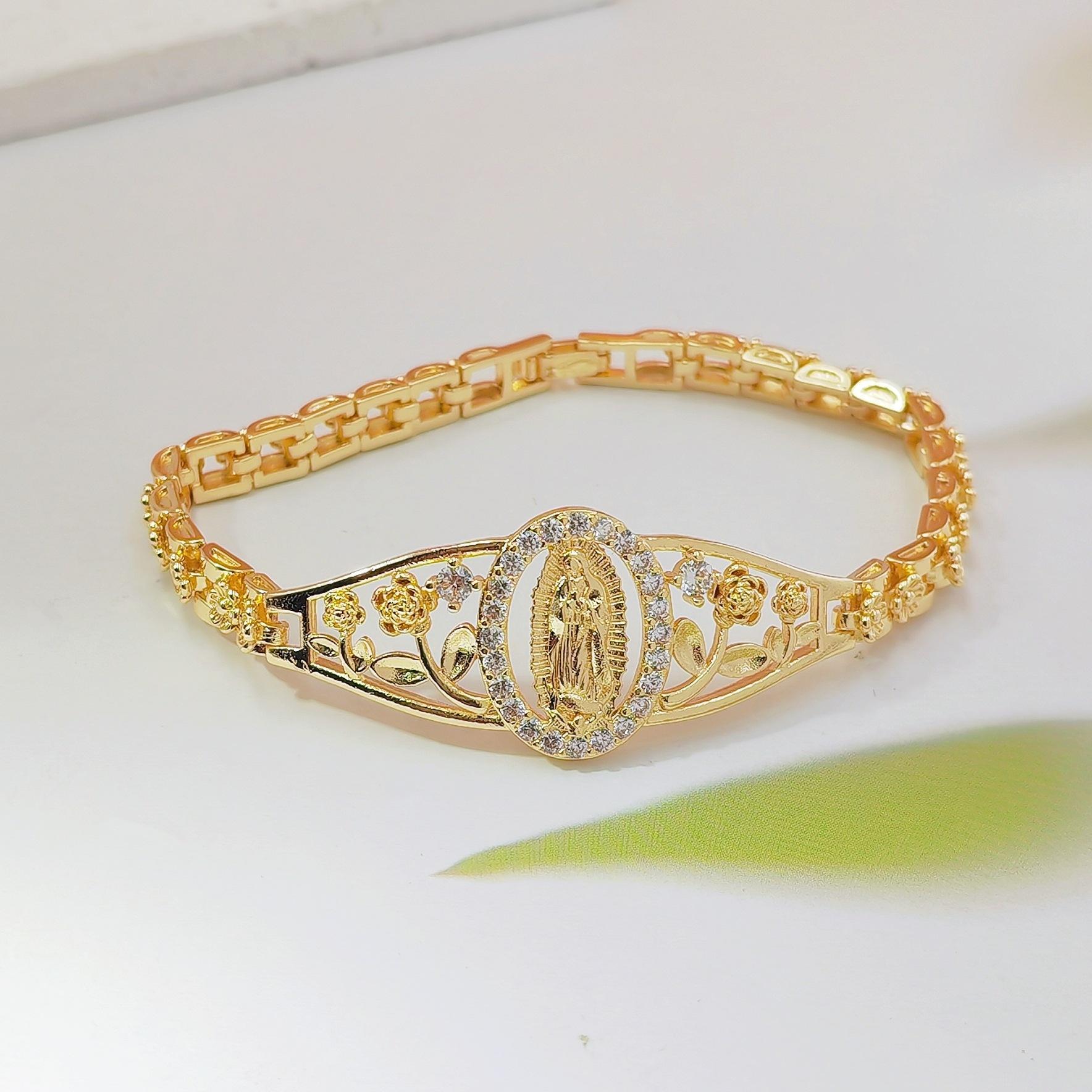 Gold Plated Copper Hollow Flower Virgin Mary Bracelet, Geometric Watch Chain Design, Trendy Boho Religious Jewelry for Women, Versatile for Daily Wear, Parties & Festival Outfits