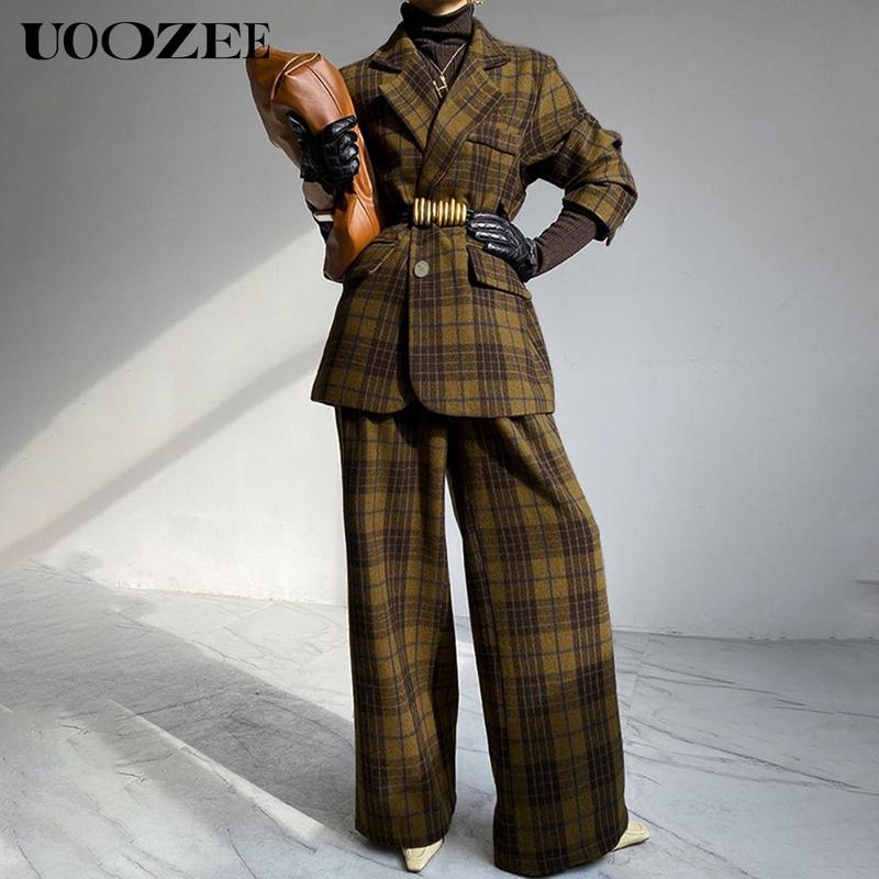 UOOZEE Women's Autumn Winter Retro Classic 2 Piece Blazer Suit, No Belt Pockets Blazer New Long Sleeves Loose Elegant Formal Business Outerwears Jackets & Plaid Pockets High Waisted Loose Full Length Trousers Pants UOOZEE Women's Autumn Winter Retro Classic 2 Piece Blazer Suit, No Belt Pockets Blazer New Long Sleeves Loose Elegant Formal Business Outerwears Jackets & Plaid Pockets High Waisted Loose Full Length Trousers Pants