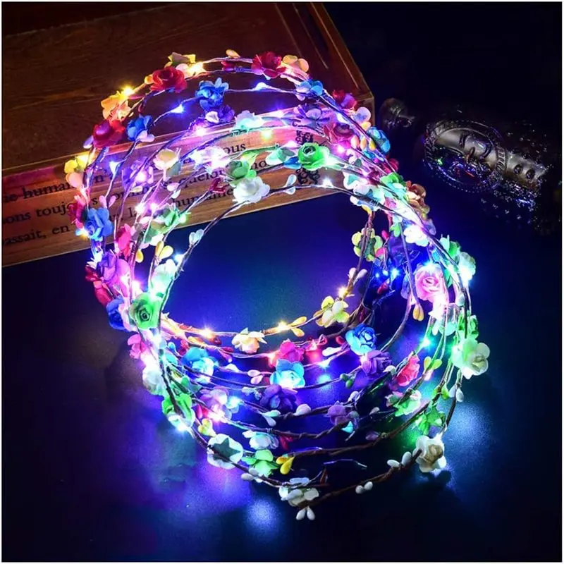 7 Pcs LED Flower Crown Headbands, Light Up Floral Wreath Crowns for Women, Glowing Garland Hair Accessories for Wedding Beach Party Birthday Festival Cosplay, 7.4 Inch