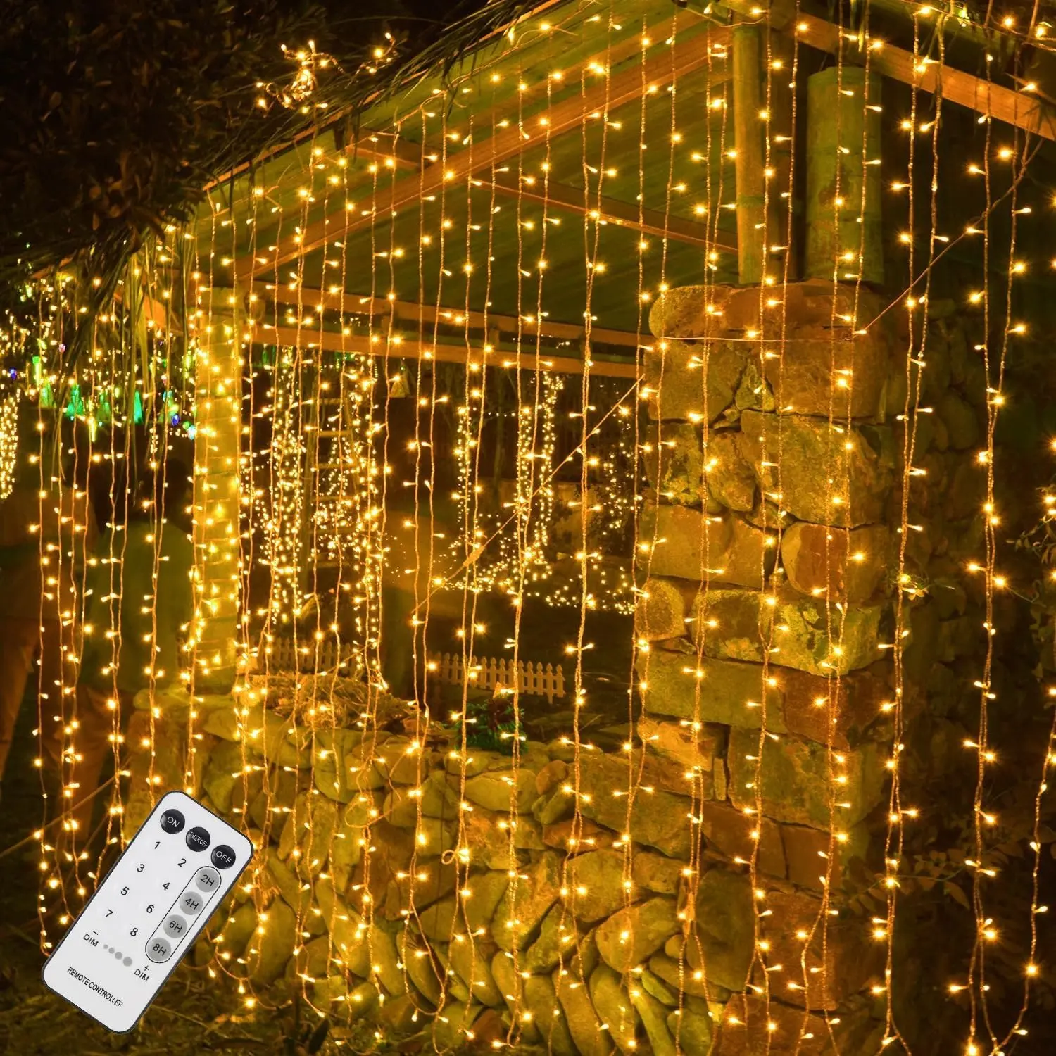 300 LED Curtain Lights, Remote Control Christmas  String Lights, 8 Lighting Modes, Plug in for Indoor Outdoor Holiday Ramadan Party Garden Backdrop Wedding  Decor, Warm White