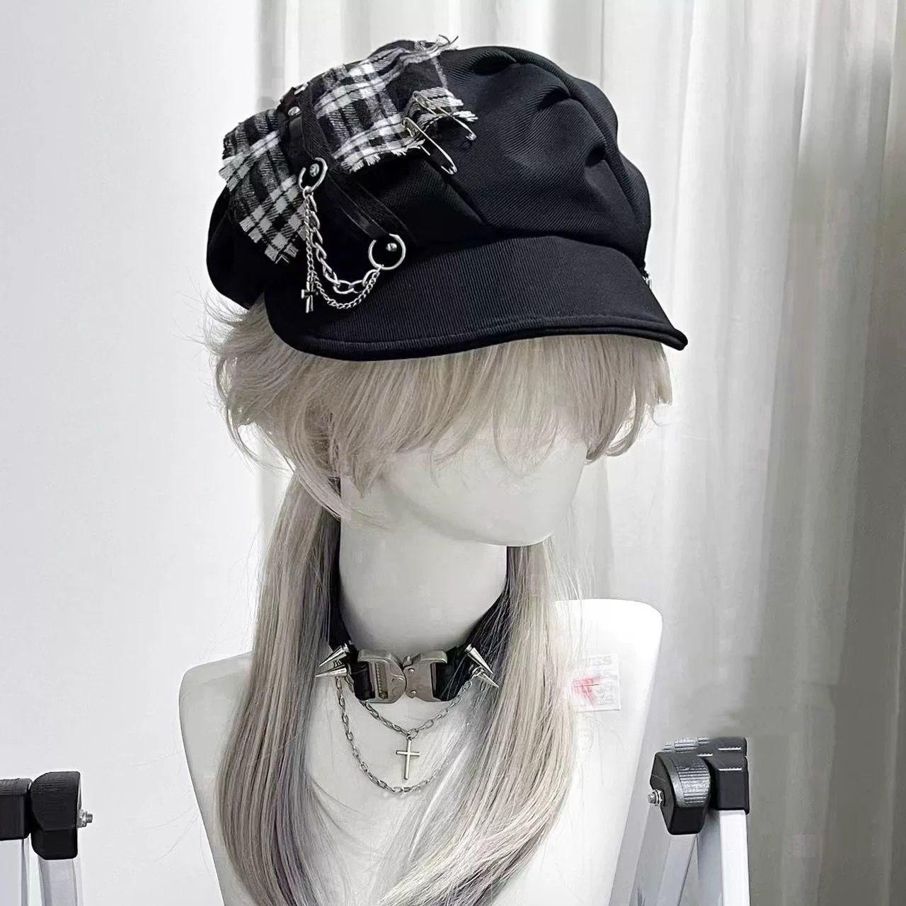 Women's Hat Sweet Cool Style Y2K Subculture Punk Millennial Spice Cross Neutral Dark Checkered Beret Hat Cute Hat Gothic Lollita