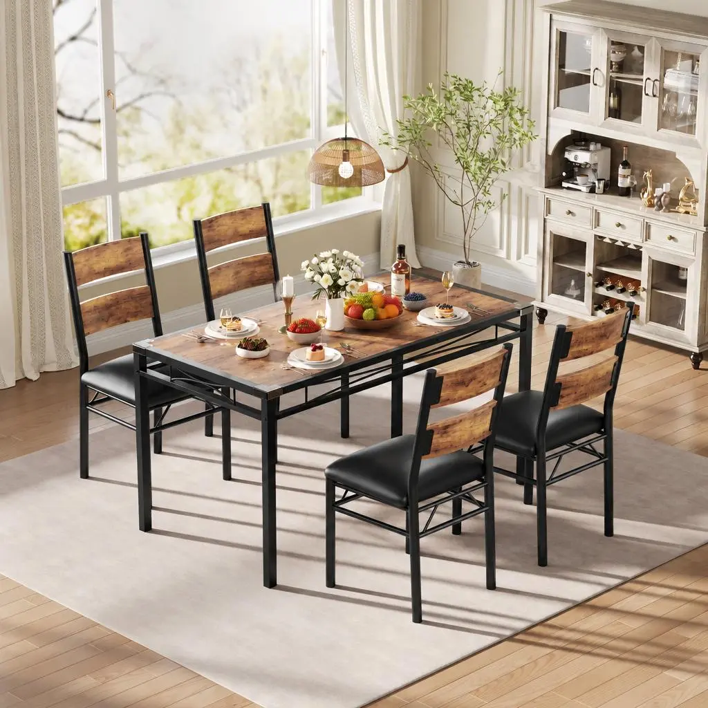 Garvee Space-Saving MDF-Metal Wood Dining Table Set - Upholstered Chairs, Corner Protectors - Kitchen/Dining Room - Classic Gray/Black - Set of 2/4