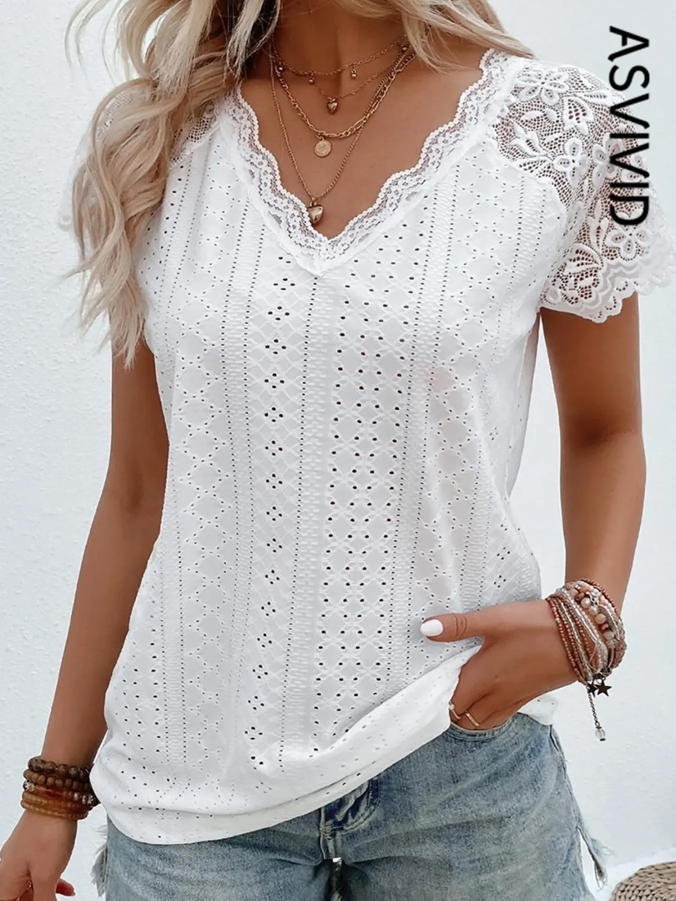 Women's Sheer Lace Eyelet Embroidered Solid Color Tee Top Shirts, Elegant Chic Short Sleeves for Summer, Daily Wear