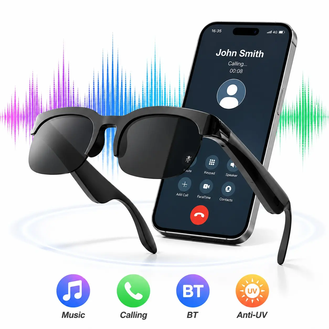 Smart Bluetooth Glasses,Mic & Speakers,Voice Control,Music Playback & Hands-Free Calls,Athletic/Outdoor UV Protection,Smart Glasses for Men Women,Unisex
