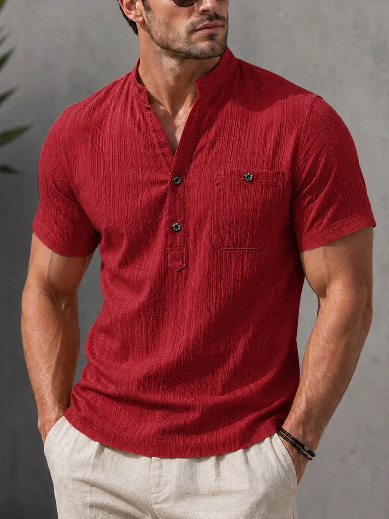 Men's Summer Short Sleeve Henley Shirt, Lightweight Breathable V-Neck Button Casual Blouse, Beach Party Daily Wear, Best Gift