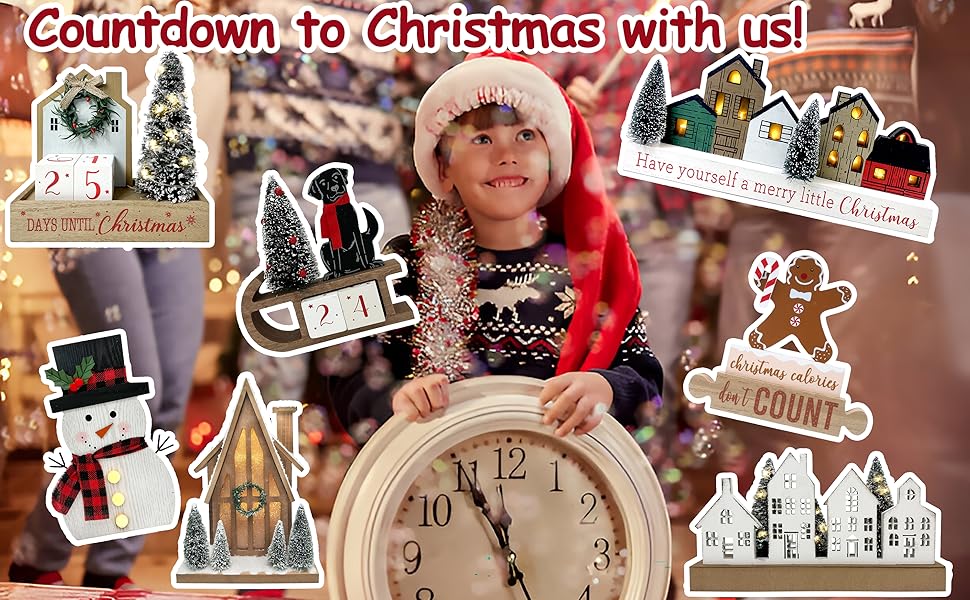 Christmas Tree Countdown Block LED Lighted 99 Days Until Christmas Wreath Calendar Tabletop with Timer Number Date Rustic Wooden Home Decor Holiday Xmas Ornament Desk Decoration Gift