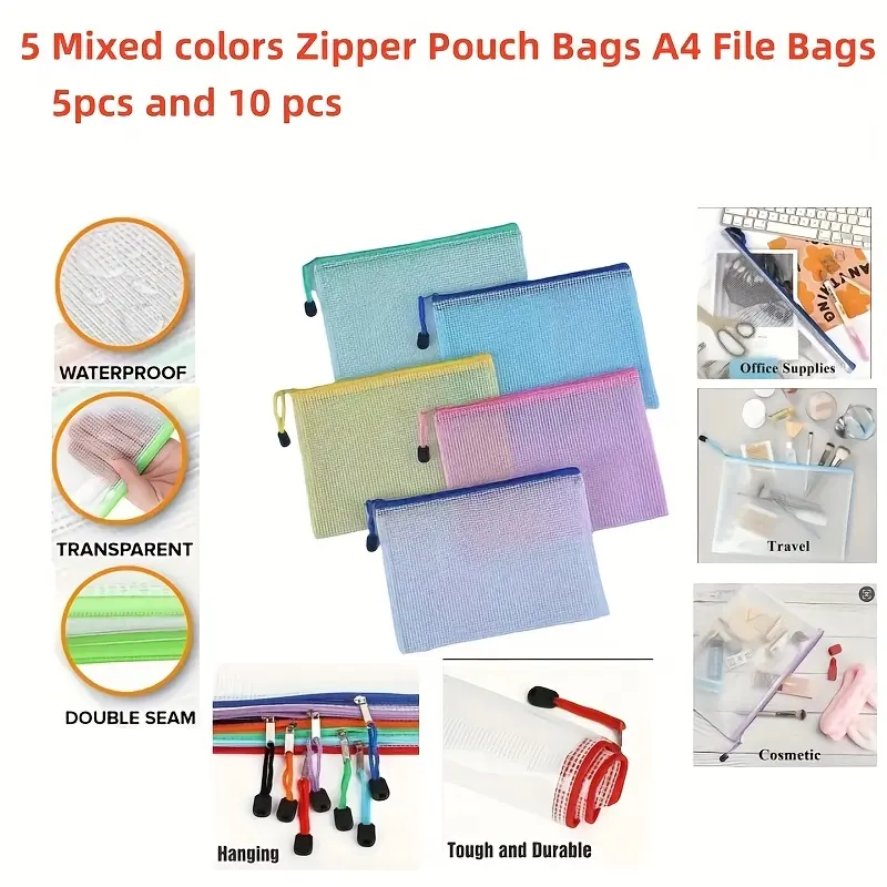 5 PCS/10 PCS  Zipper Pouch Bags A4 File Bags Zipper Pockets Waterproof Zipper Document Folder for School Office Supplies Cosmetics Travel Storage