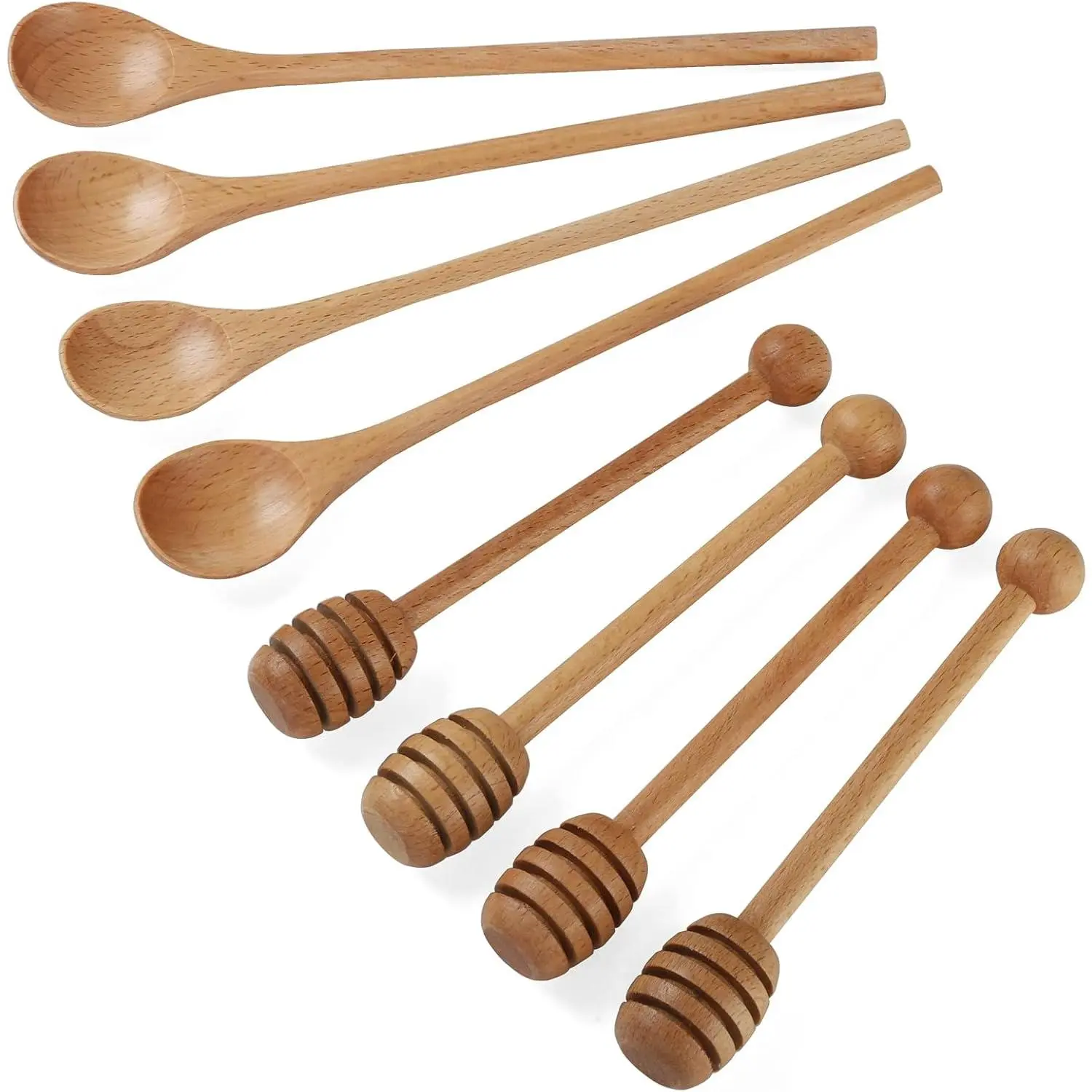 4 PCS 6 Inch Honey Dipper Sticks and 4 PCS 7.87 Inch Coffee Stirring Spoons, Beech Wooden Honey Spoon Stirrer for Honey Jar Dispense Drizzle Honey Wedding Party Gift
