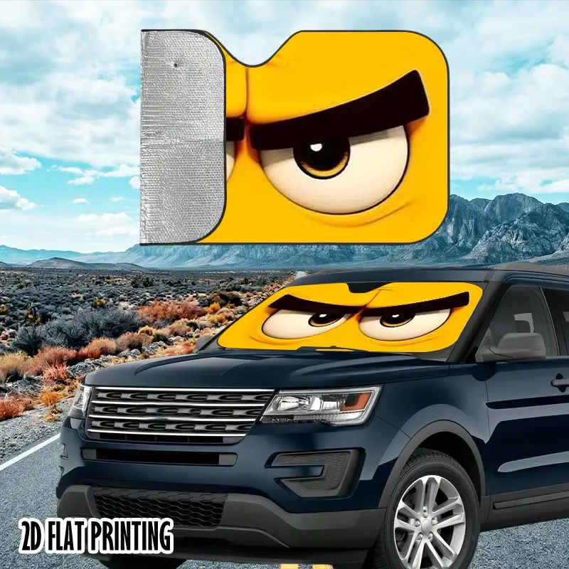 Foldable Car Windshield Sun Shade, Funny Angry Cartoon Eyes, 4-Layer UV-Blocking, Heat Insulation, Universal Fit, Includes Suction Cups