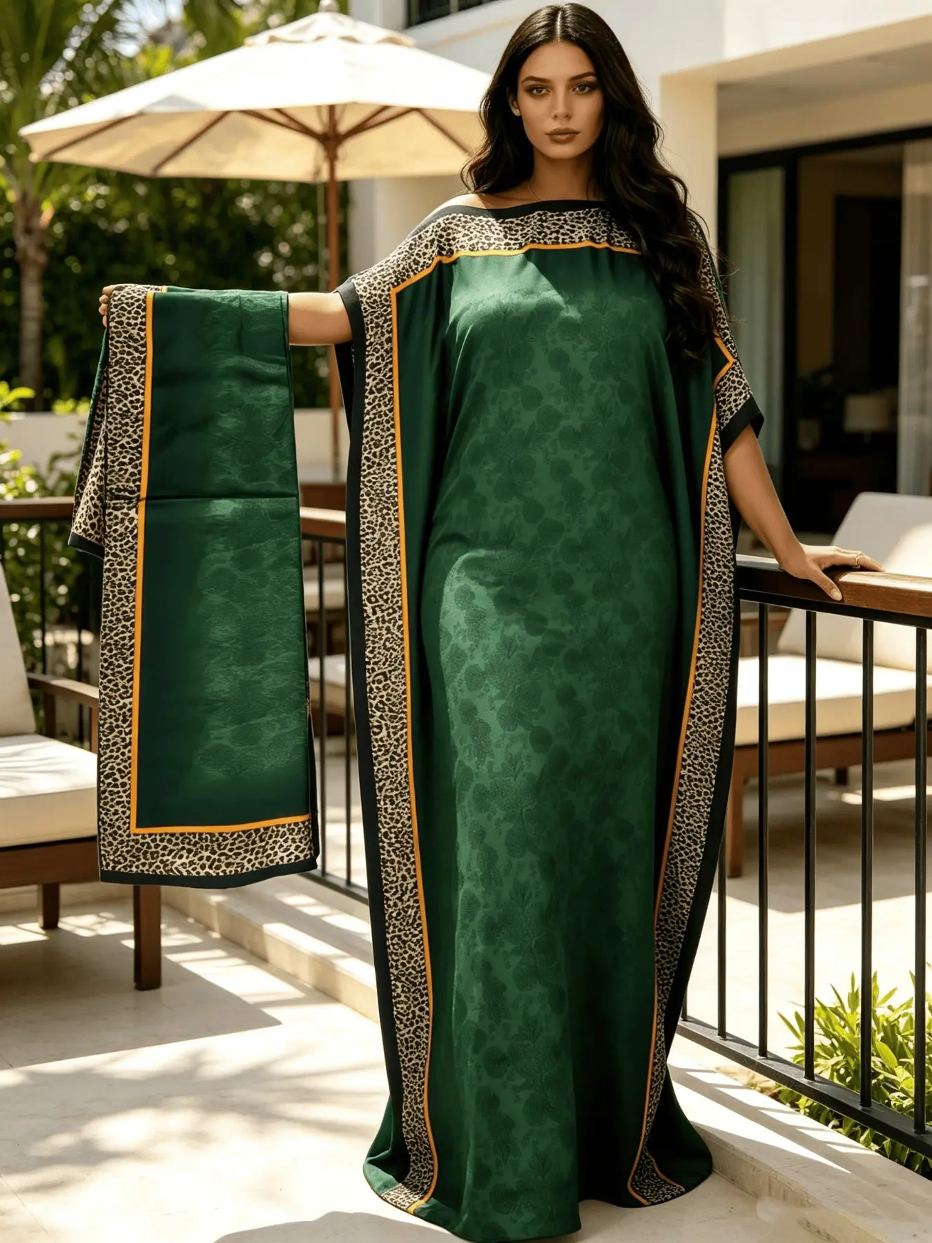 Plus Size Luxury Hot Fix Rhinestone Border Solid Dark Green Jacquard Print Kaftan Two Piece Set, Oversized Flowy Split Maxi Dress, Soft Light Glam Resort Wear Pool Gala Evening Party Outfit With Matching Printed Scarf For Women