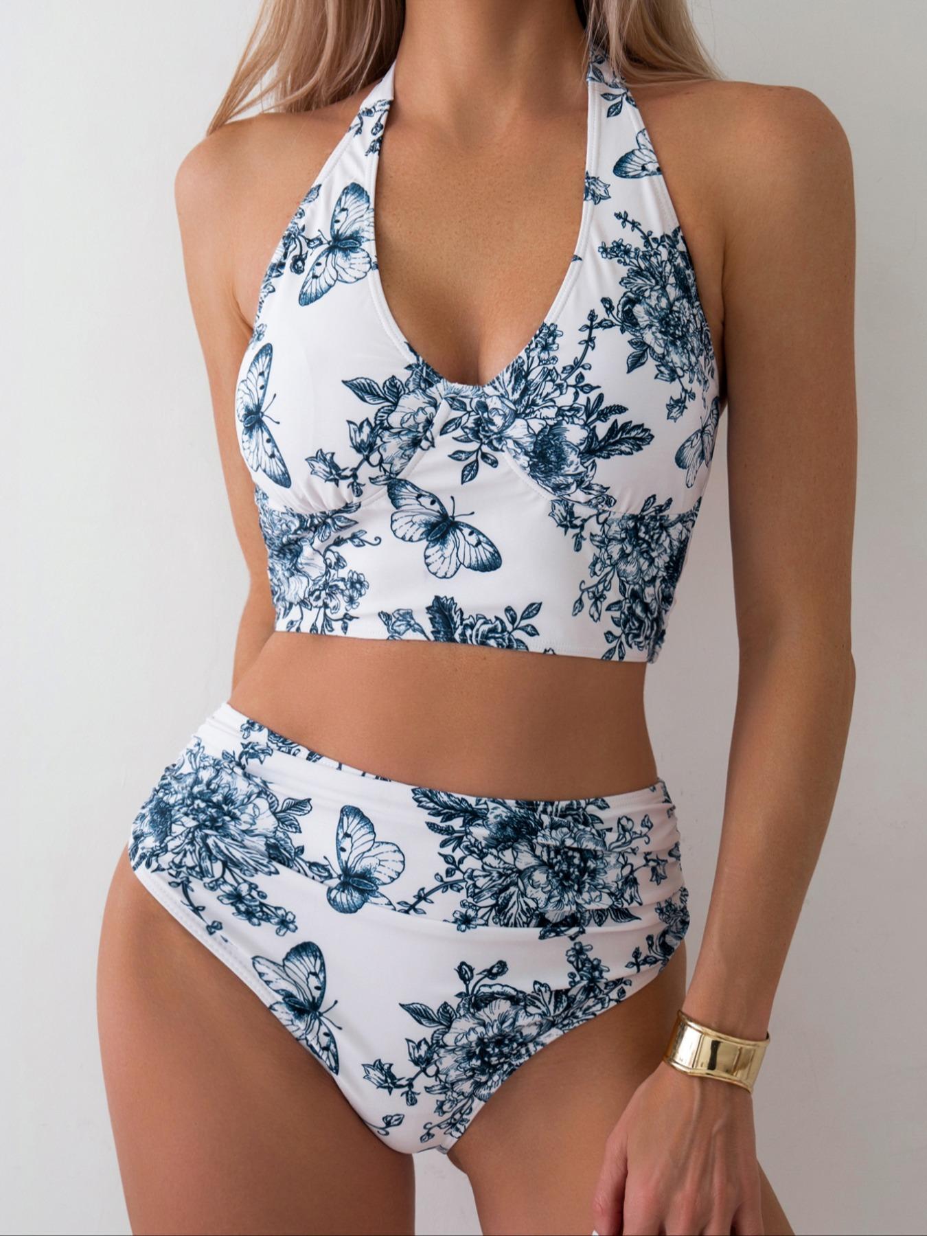 Two-piece Set Women's Butterfly & Floral Print Lace Up Bikinis Set, Casual Halter Neck Backless Swim Top & High Waist Swim Panty, Ladies Summer Swimwear for Beach, Swimsuits Women, Swimsuit Style, High Waisted Swimsuit, Bikini Sets