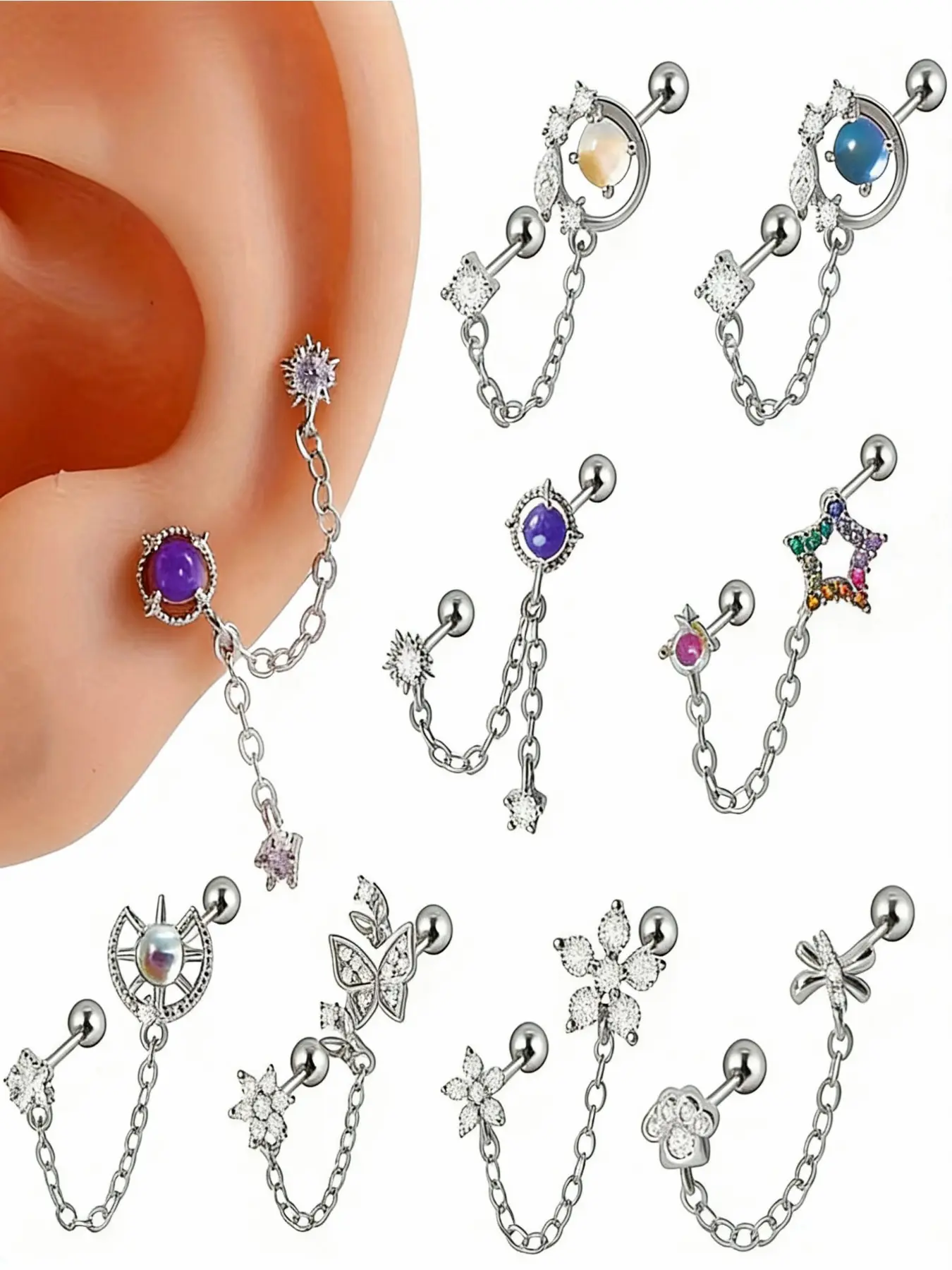 1pc Stainless Steel Ear Studs for Piercing, Dangle Ear Chain, Cartilage, Helix, Conch, Tragus, And Lobe Body Jewelry