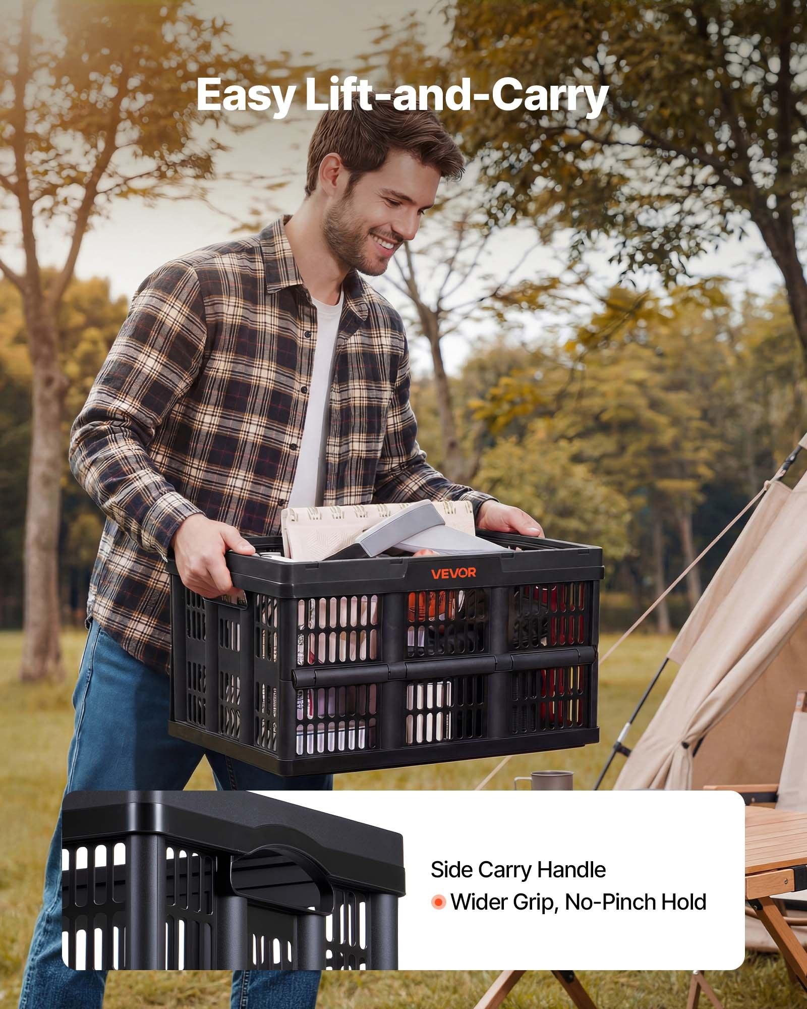 VEVOR Plastic Collapsible Storage Bins, 45L 3 Packs, Stackable Folding Storage Crates with Handles, Holds 33 lbs Per Bin, Foldable Heavy Duty Containers, Space-Saving Baskets, for Home Organizing