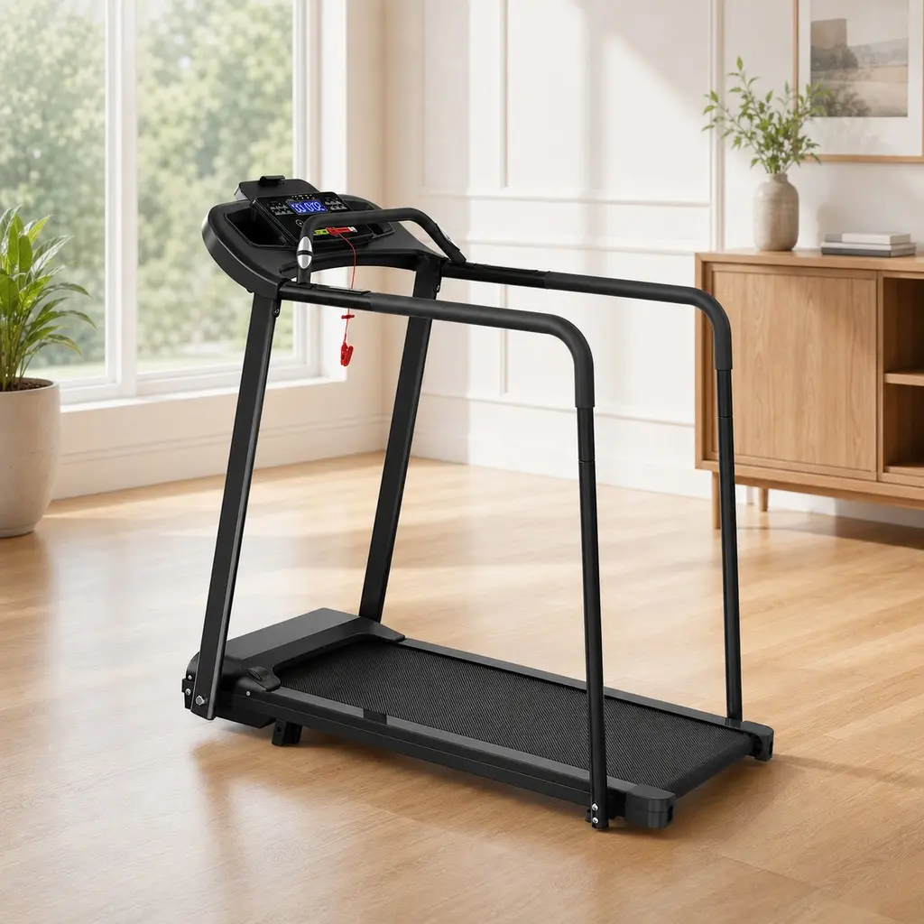 Portable Foldable Walking Machine for Seniors with Long Handrails, Steel Frame for Recovery & Daily Movement, 300 lbs Capacity, Quiet Motor