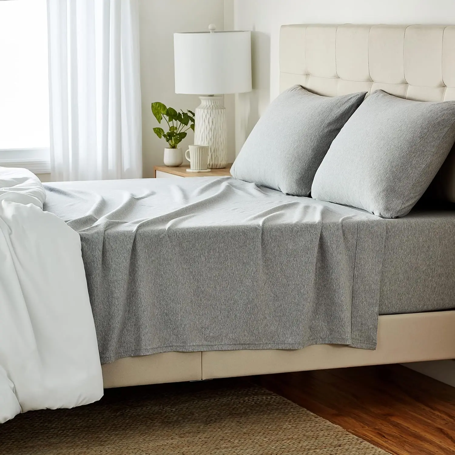 100% Cotton Jersey Bed Sheet Set, Super Soft Solid 4-Piece Queen Bedding, Includes Flat and Fitted Sheets, Light Gray, Flat Sheets