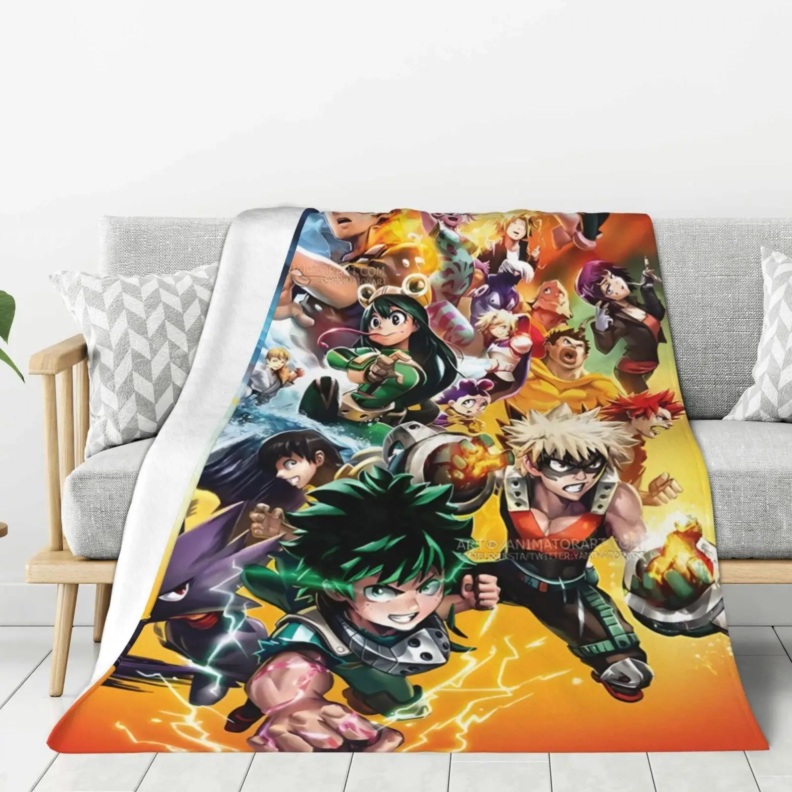 My H-Hero Academia Cartoon Printed Flannel Blanket, Warm Soft Comfortable Anime Throw Blanket for Home Sofa Bed Travel, Cozy Lightweight Birthday Christmas Gift for Anime Fans