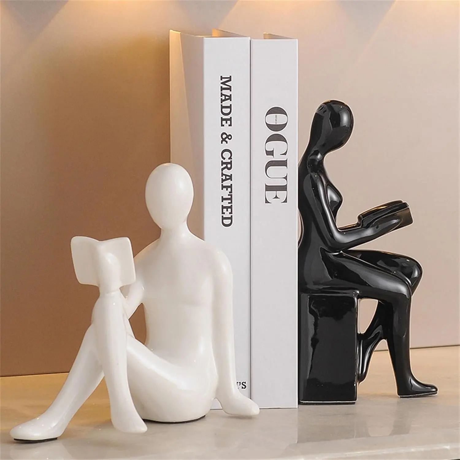 Black+White Modern Decorative Ceramic Reading Figure Bookends - Minimalist Literary Charm Book Holders, Bookshelf Decor for Home Office that Holds Books