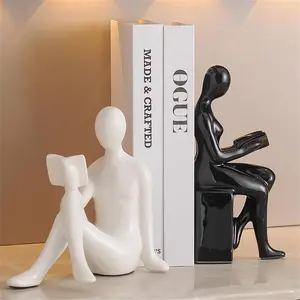 Modern Decorative Ceramic Reading Figure Bookends, Contemporary Minimalist Book Holders for Shelves, Office Home Library Decor (Black+ White)