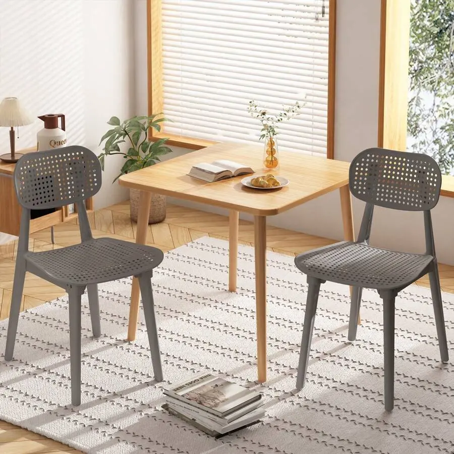 2-Pack Armless Minimalist Polypropylene Stacking Plastic Chairs - Honeycomb Ventilation Holes, Tool-Free Assembly - for Living Room, Office (Black/White/Gray), Without Arms
