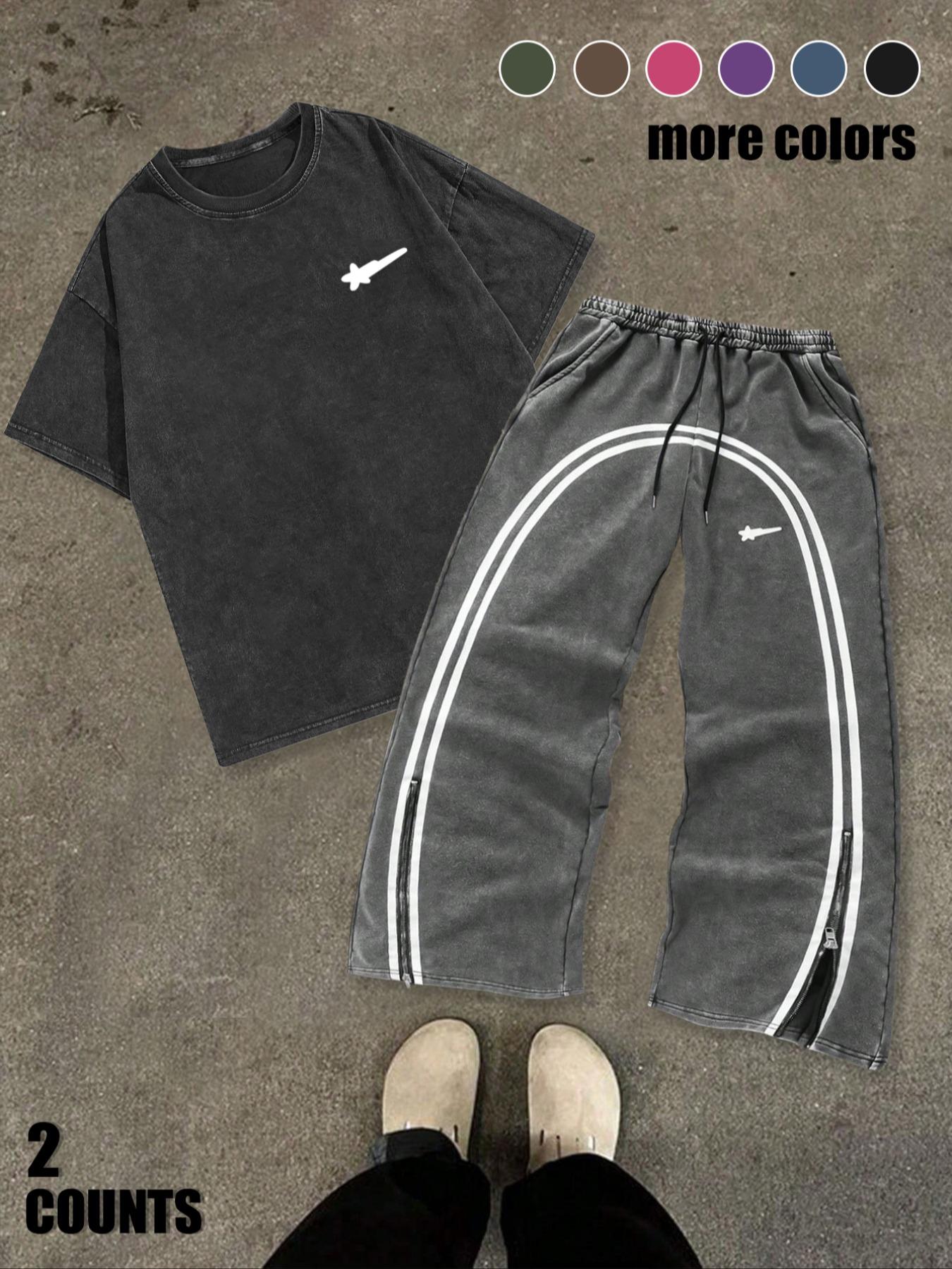 Men's Star & Striped Print Tee & Pants Set, Loose Fashion Round Neck Short Sleeve T-shirt & Trousers for Daily Outdoor Wear, Men's Clothing for Spring & Fall, Menswear