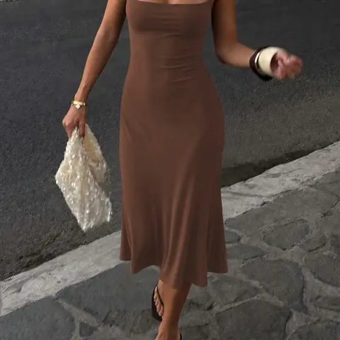 Women's Basic Solid Color Bodycon Slip Dress, Sleeveless Backless Spaghetti Straps Plain Slim Fit Midi Dress, Party Club Date Holiday Daily Casual Elegant Dresses For Ladies All Seasons Summer Fashion Clothes Wear, Chic Elegant Fitted