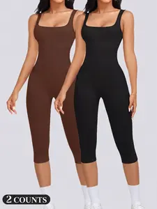 1/2PCS Women's Yoga Capri Stretch Jumpsuit Square Neck Backless Tummy Control Butt Lifting, Workout Shorts Romper Seamless Ribbed Sleeveless Unitard for Gym Sports
