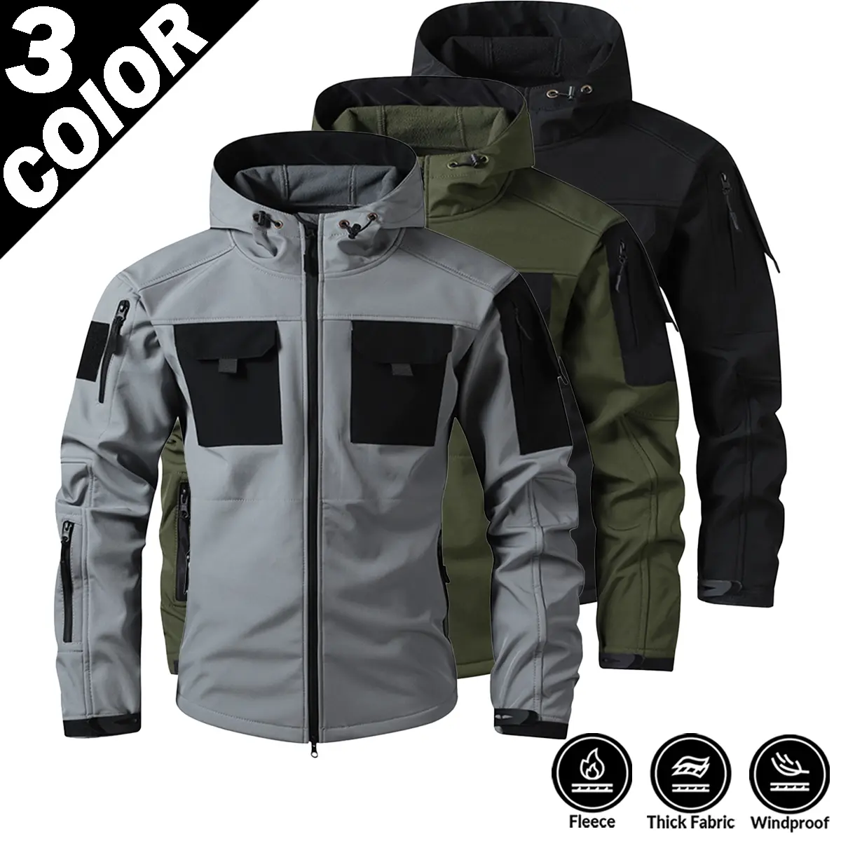 Men's American-Style Tactical 3-Proof Softshell Jacket, Hooded, Loose Fit, Waterproof, Windproof, Warm, Fleece-Lined, High-End Assault Jacket, Other Materials