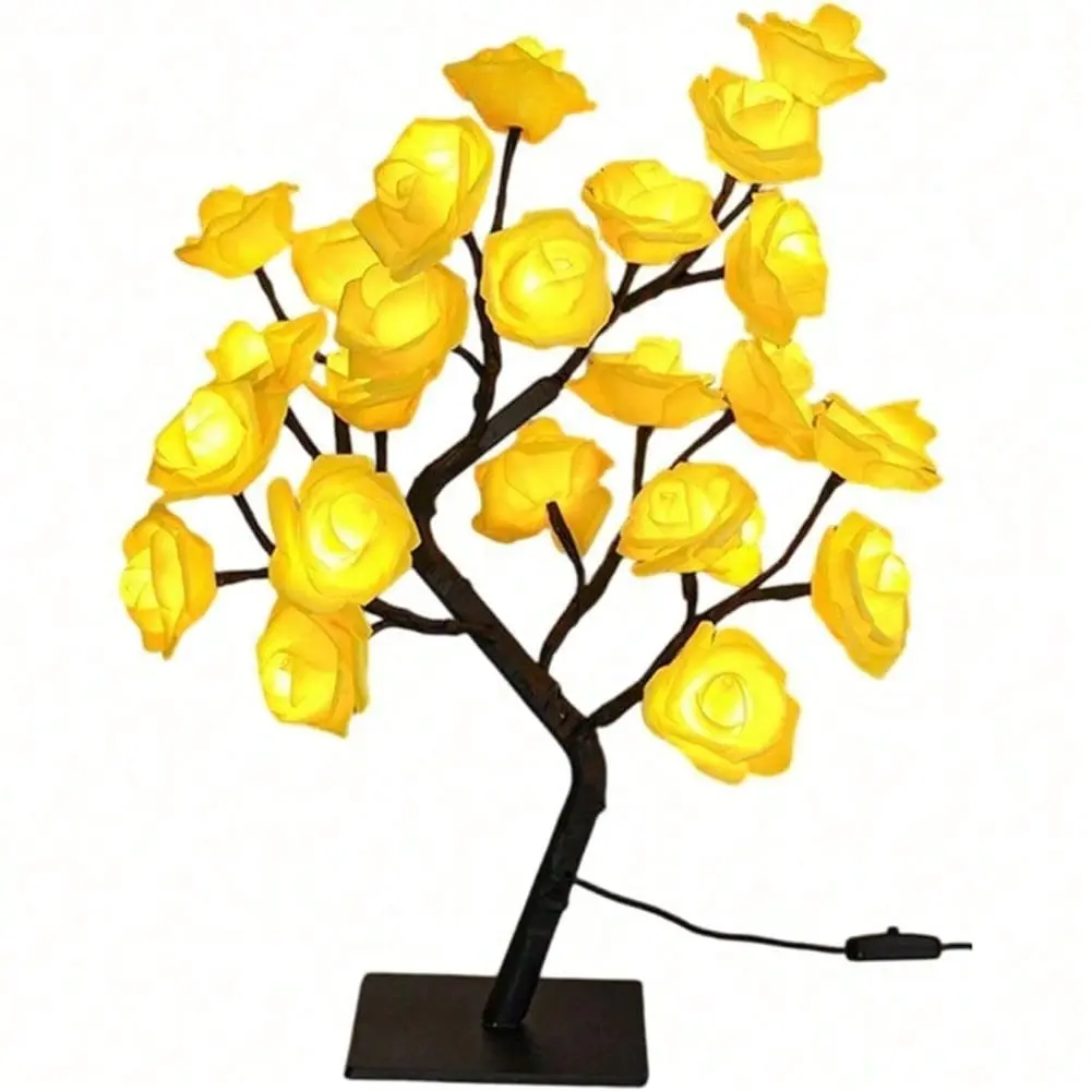 1pc Yellow 24 LED Rose Flower Lamp, Lighted Valentines Day Tree with USB, Valentine Decor for Desk and Shelf Decorating Night Light, Gifts for Mother's Day, Valentines, Anniversary, Birthday, Valentine Day Lights Home Party Decor Light Gift