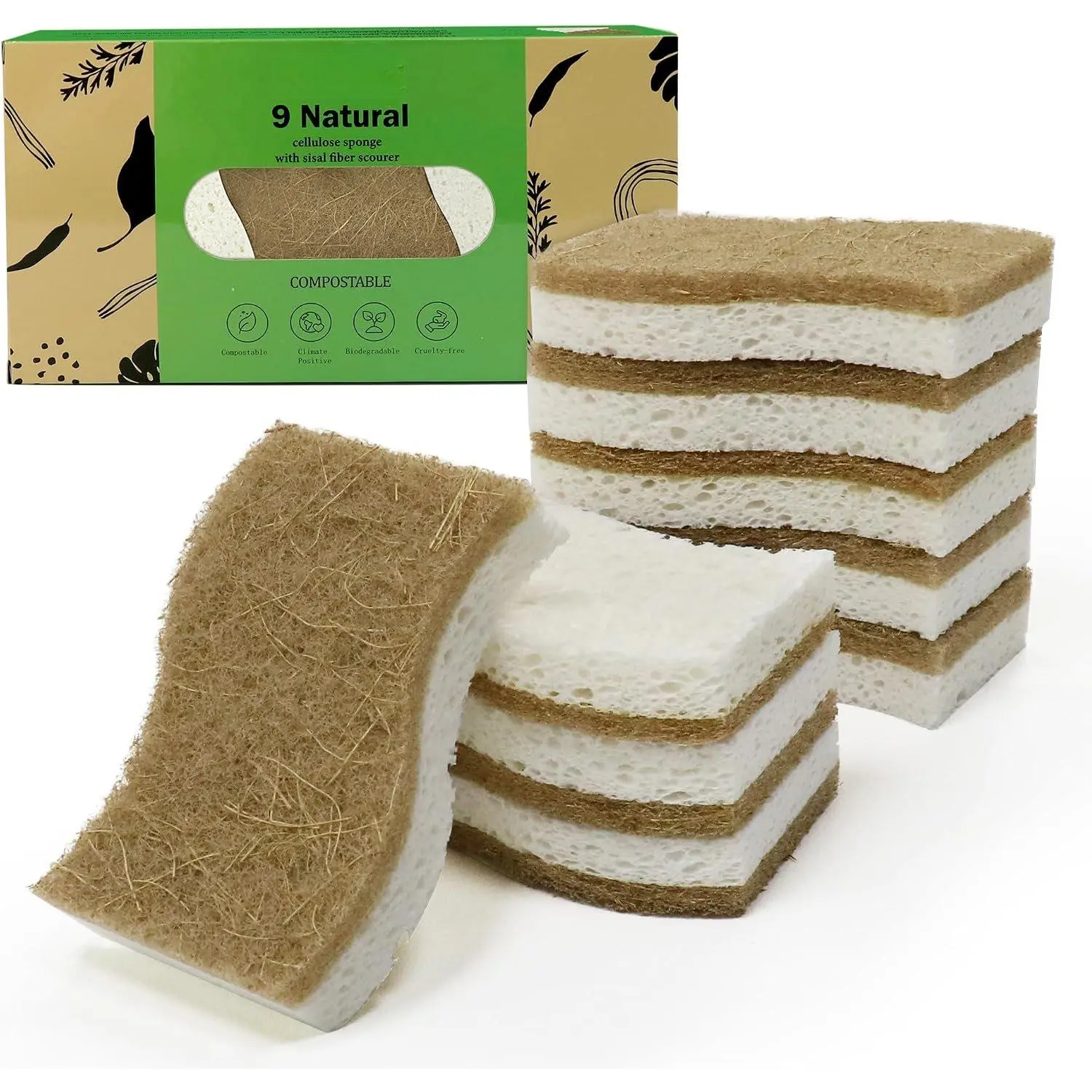 9 Pack   Kitchen Sponge Dish Sponges | Compostable Cellulose and Coconut Walnut  Sponge -  Sustainable Sponges for Dishes