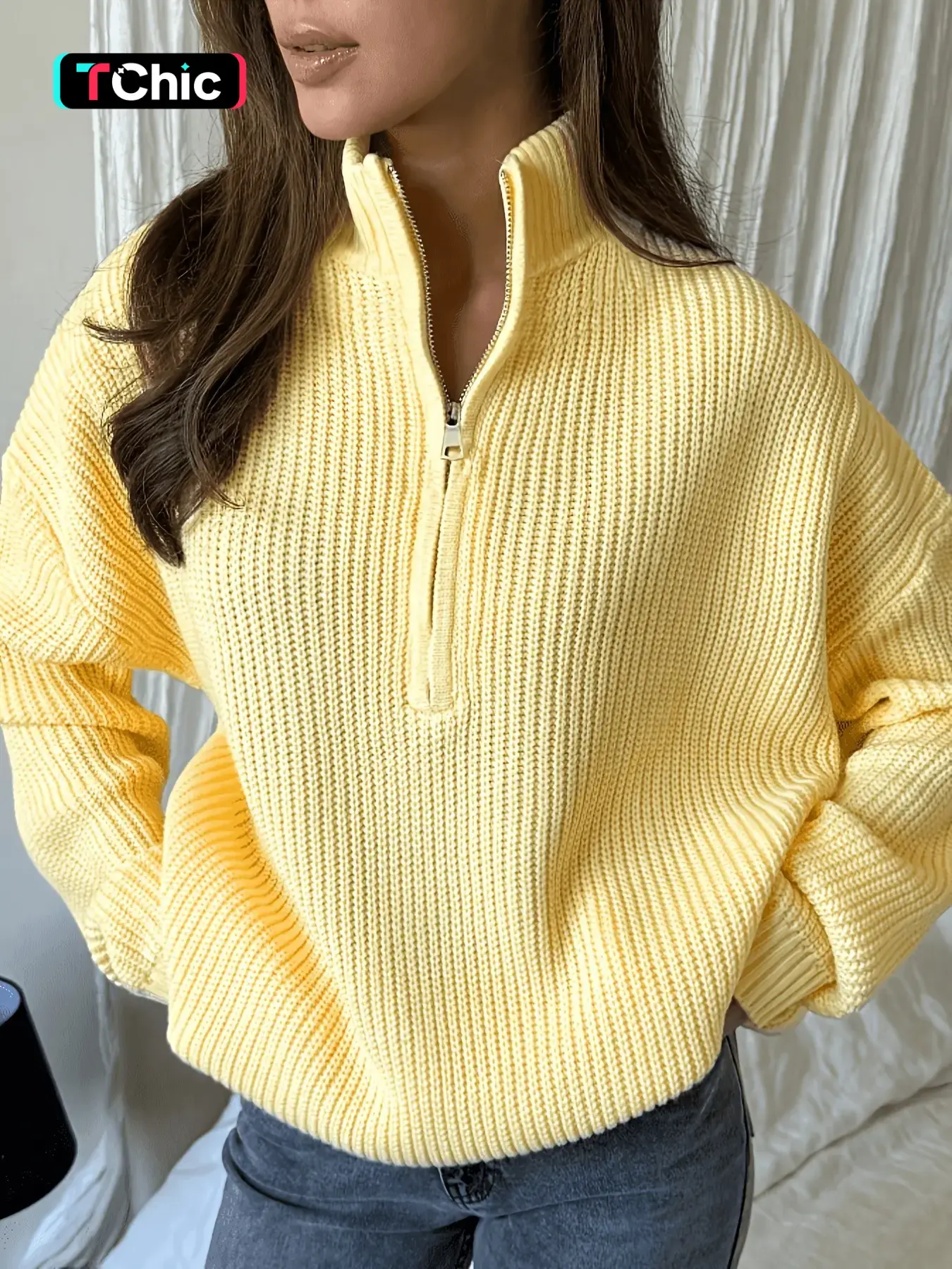 Women's Cream Half-Zip Stand Collar Sweater, Loose Knit Long Sleeve Top, Fall Winter Casual Pullover, Comfortable and Stylish