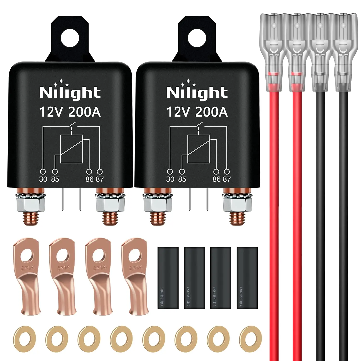 Nilight 2PC 4Pin Relay - 200A Capacity 12V SPST High Current Starter Relays Switch with Nylon Flame Retardant Shell, Corrosion Resistance, Heat Resistance, Copper Wire Lugs for Automotive Cars, Trucks