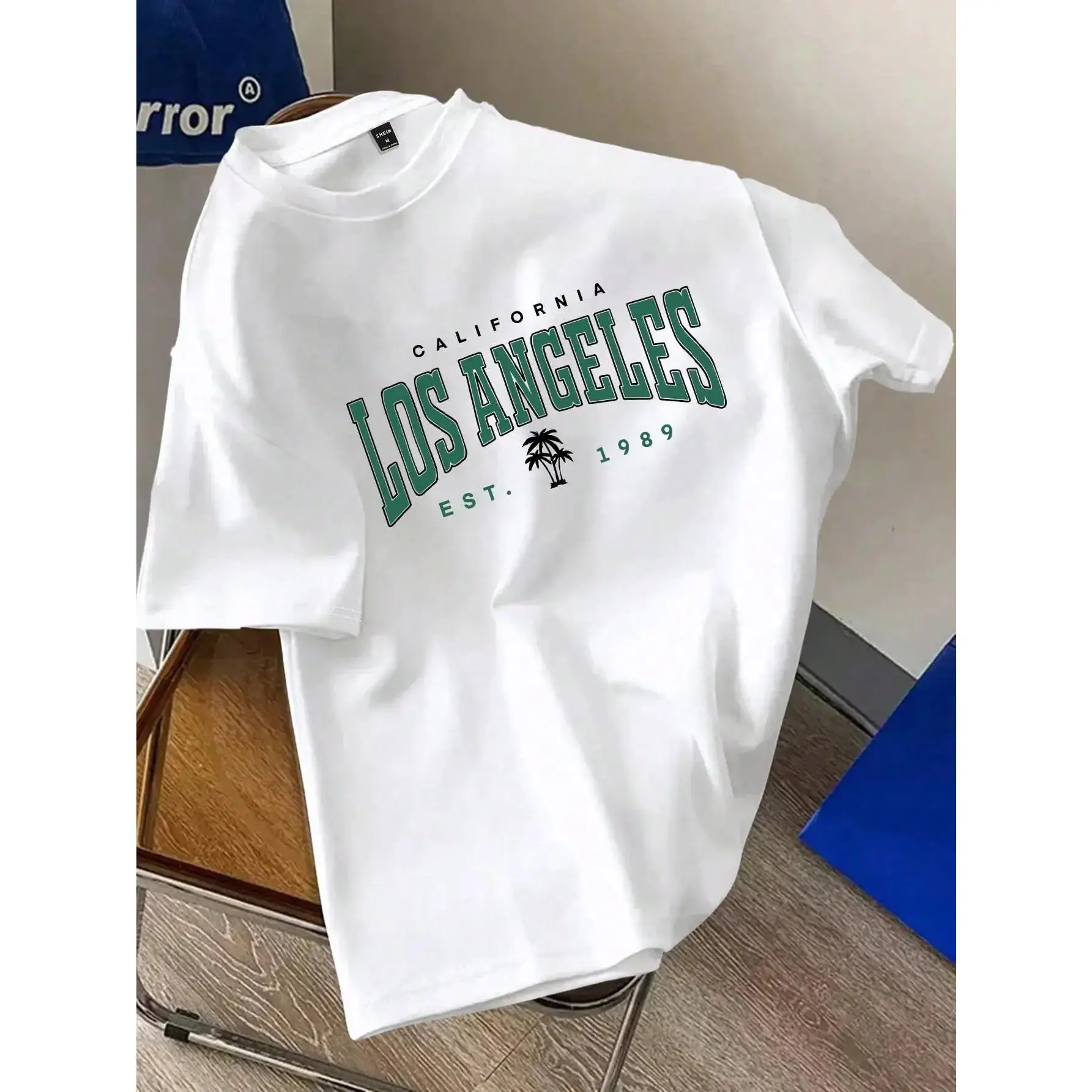 Men's Short-Sleeve Solid Color Printed Streetwear Top, Menswear Round Neck Loose Casual Sports Tee with Black & White California Los Angeles Est 1989 Design, Machine Washable, Unisex Holiday Gift/Couple Matching Outfit for All Seasons, Shortsleeve, Tshirt