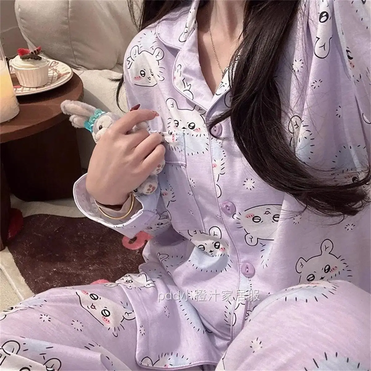 Chiikawa Momonga Cartoon Pajamas Cute Women's Long-Sleeved Shirt Pants/short Sleeves Shorts Spring Autumn Girls' Home Wear Set