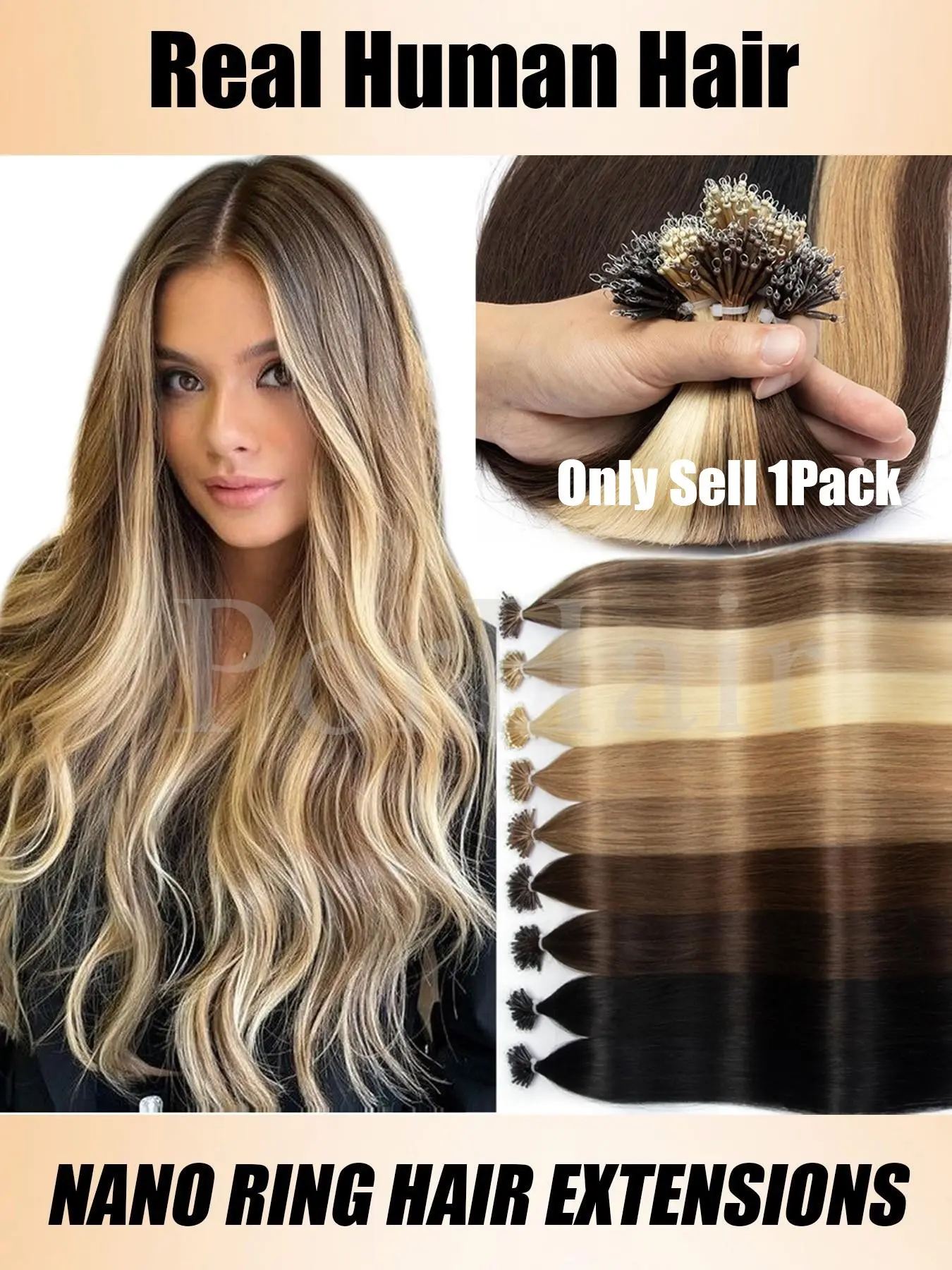 50 Strands/pack Balayage Nano Ring Hair Extensions, Human Hair Nano Bead Pre-Bonded, Straight Blonde Hair Extensions