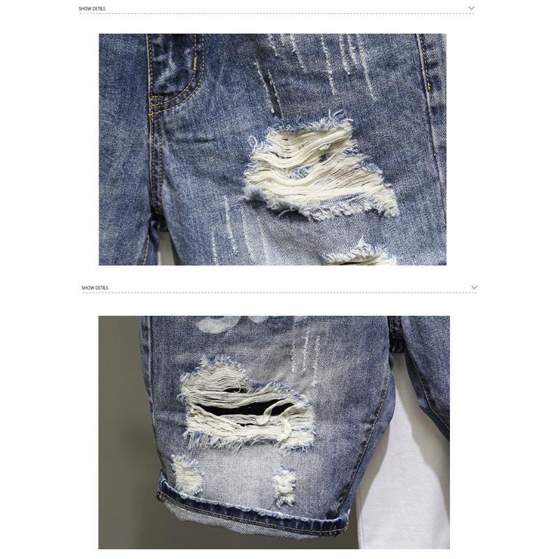 Men's Ripped Denim Shorts for Summer  Personality versatile cropped pants in cotton fabric, casual street style ee blue Korean Loose Original Streetwear Design