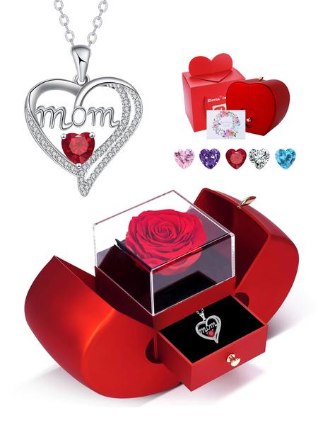 Apple Shape Rose Jewelry Gift Box With Love Heart Mom Pendant Necklace, Anniversary Birthday Jewelry First Mom Gifts for Women Wife, Mother's Day Jewelry Gift for Mom Heart Design Necklace
