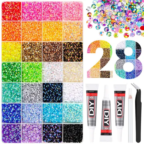 21500 pc Sparkling 28 Colorful Rhinestones Set DIY Nail Art, Nail Art Products, Phone Case, Clothing Decor, Sizes and Styles, with Tools, Flatback Crystal Gems for Manicure & Halloween Christmas Handmade Crafts for Women