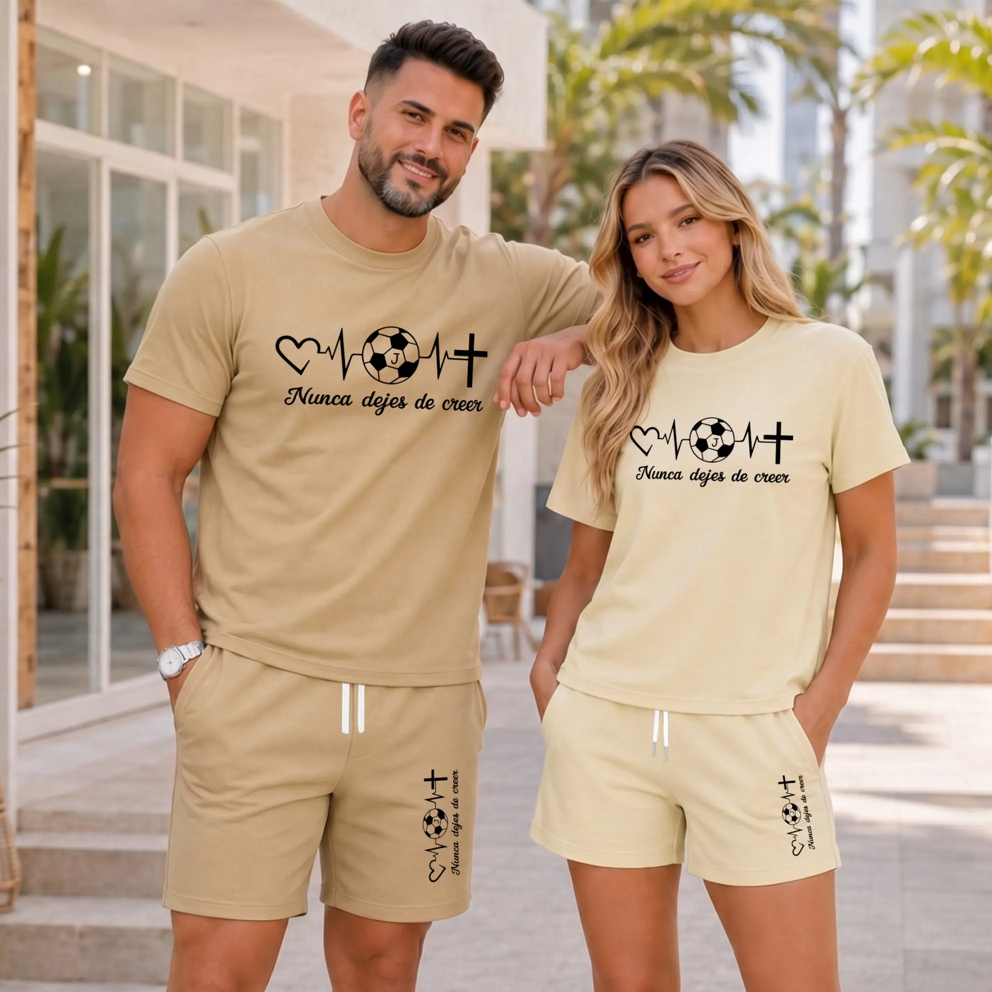 Couples Matching Soccer Graphic T-Shirt and Shorts Set, Never Stop Believing Print Summer Two Piece Outfit, Casual Short Sleeve Tee and Drawstring Shorts for Sports, Travel, Streetwear, Daily Wear